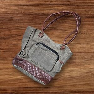 Mona B Brown Fabric And Leather Distressed Women's Tote Bag